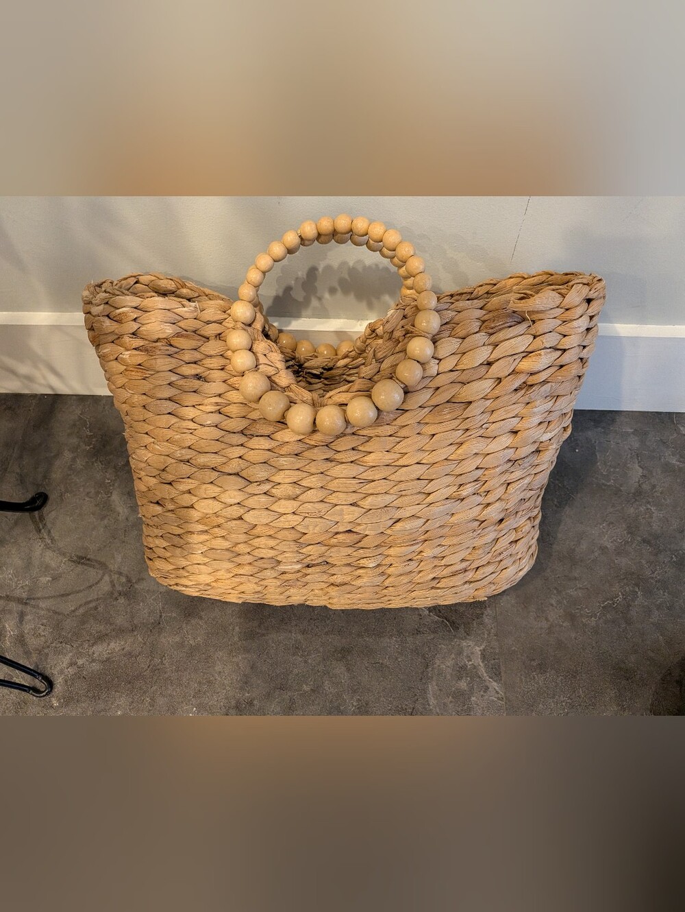 Beaded Handle Woven Straw Tote Bag - Natural